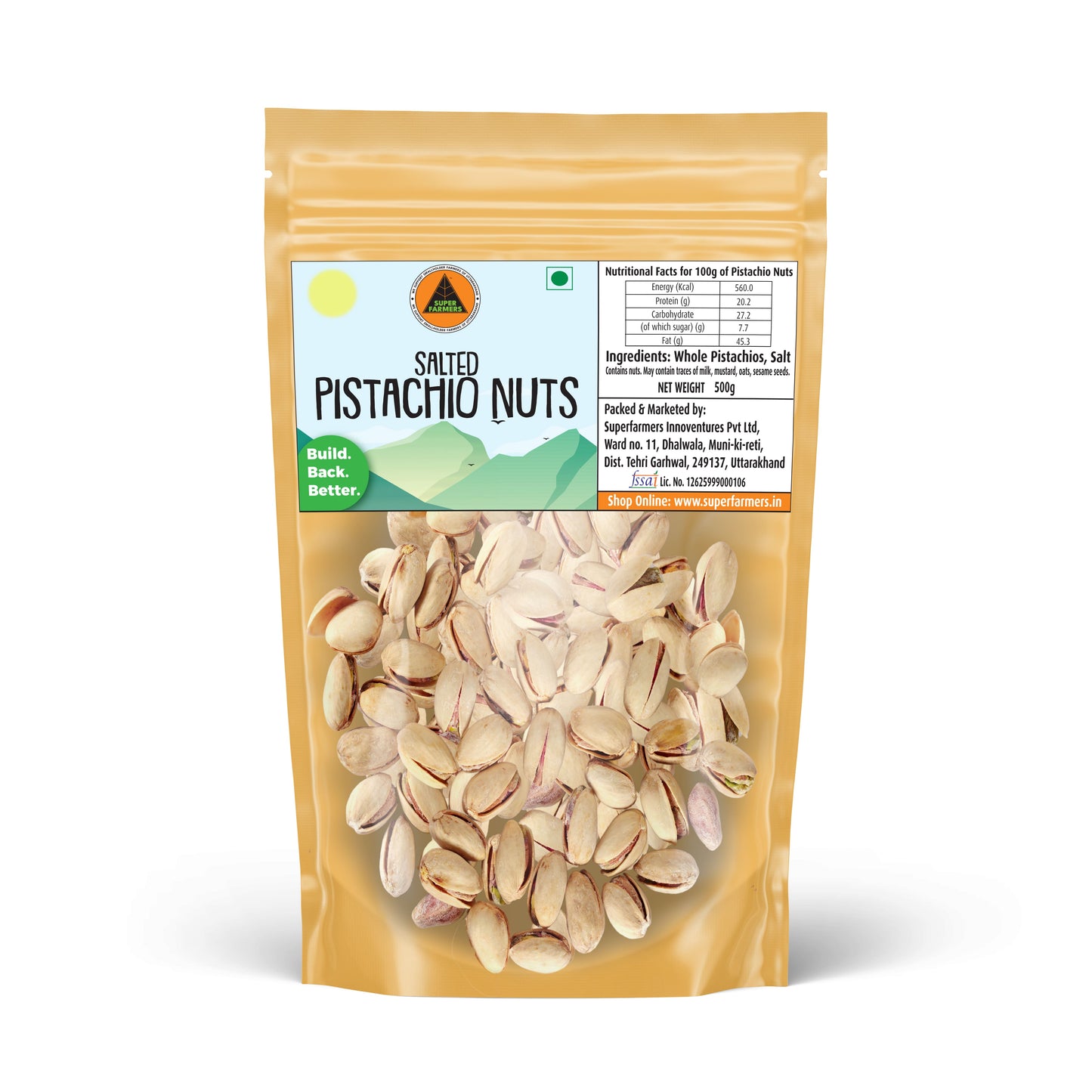 Superfarmers salted pistachio nuts 500g pack roasted pista