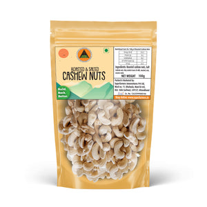 Superfarmers Roasted and Salted Cashew Nuts 100g stand-up pouch showing golden roasted cashews through a clear window.