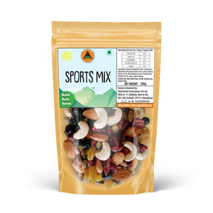 Packet of Superfarmers Sports Mix 200g showing a blend of almonds, cashews, cranberries, blueberries, and pistachios.