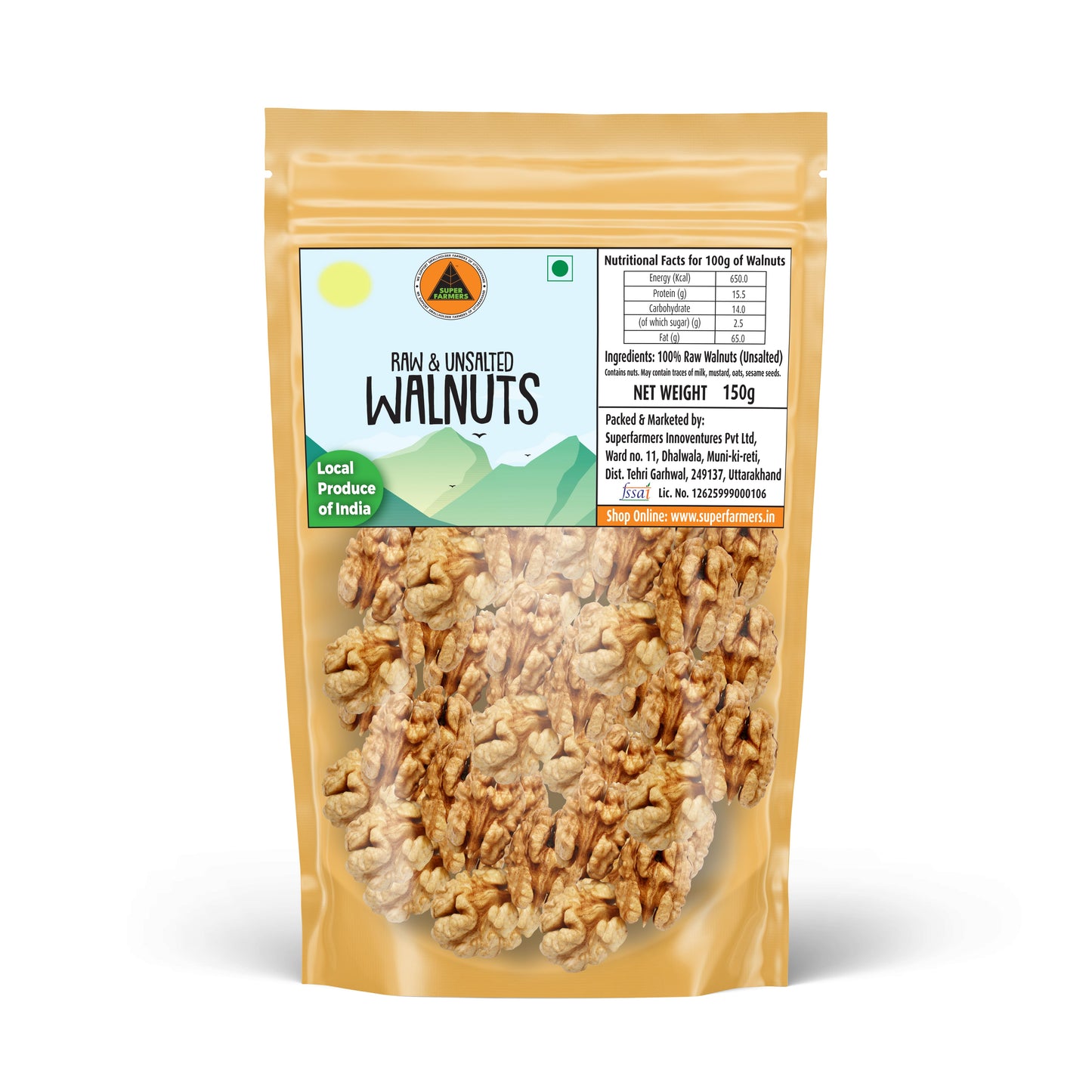 Superfarmers raw and unsalted walnuts kernels 150g pack Kashmiri produce