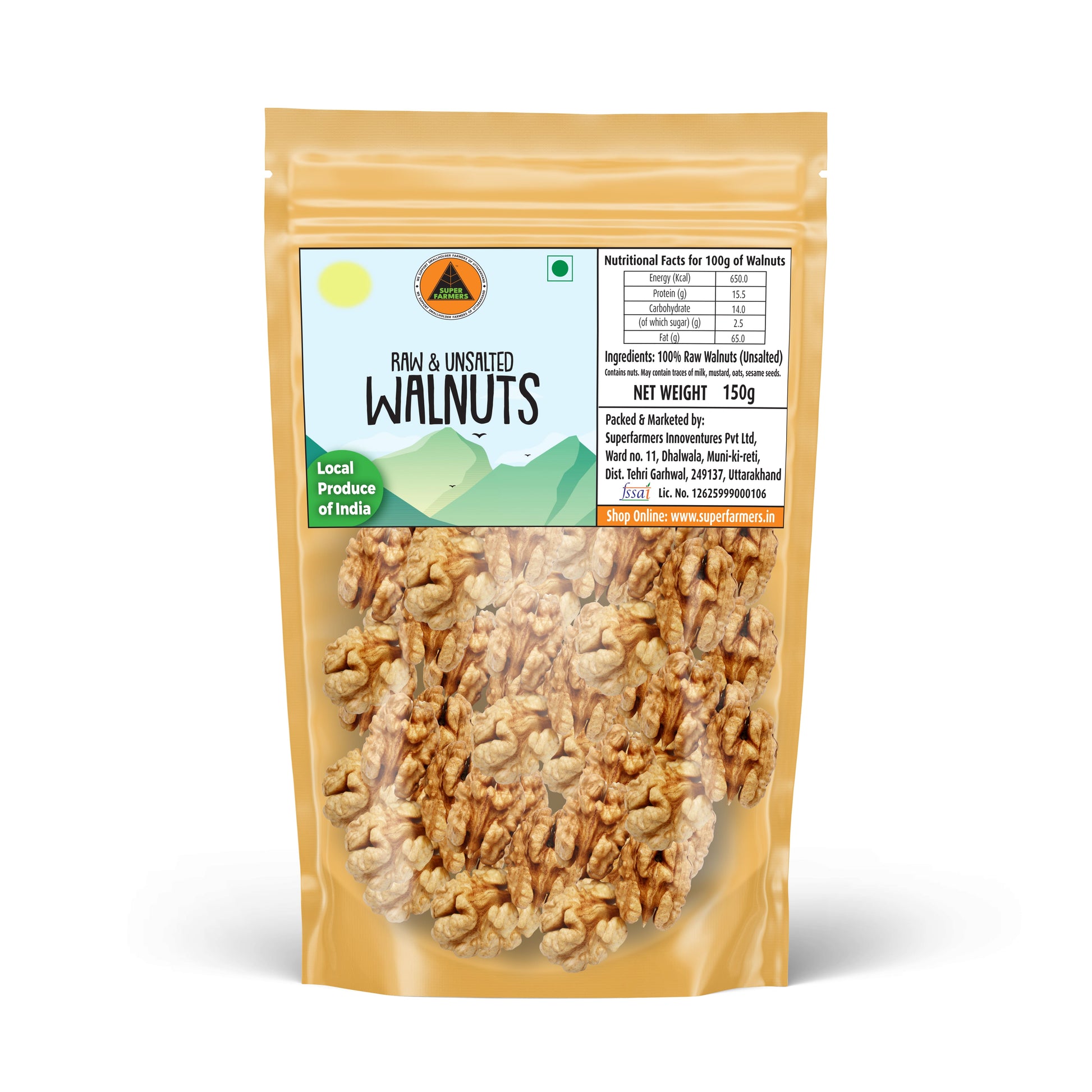 Superfarmers raw and unsalted walnuts kernels 150g pack Kashmiri produce